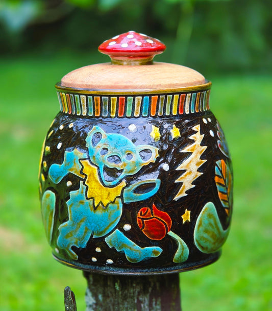 Dancing Bear and Bolt Jar w/hand turned mushroom lid