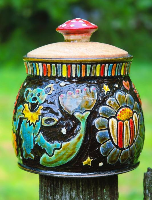 Dancing Bear and Bolt Jar w/hand turned mushroom lid