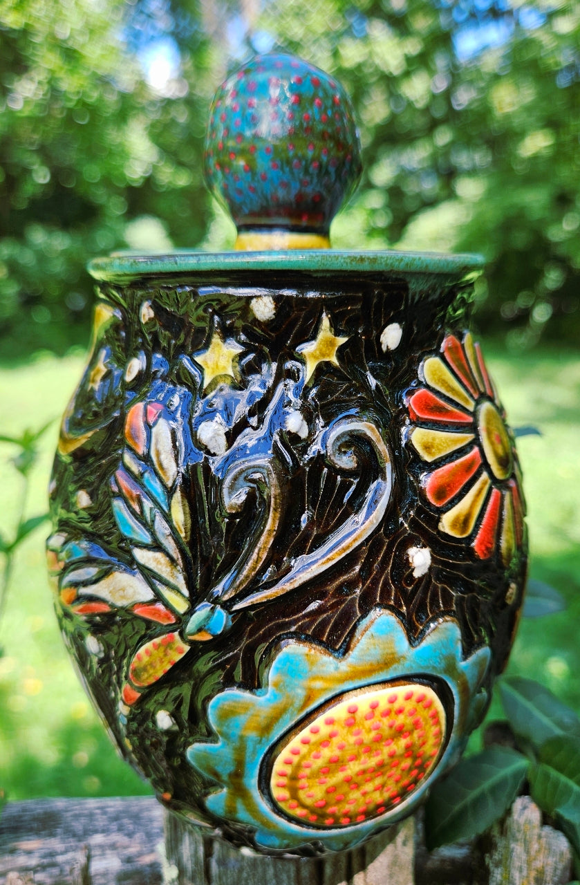 Dragonfly and Mushroom lidded Jar